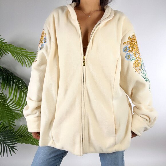 Vintage 80s Bob Mackie Cream Floral Embroidered Cottagecore Fleece Jacket / 2X - Picture 4 of 8
